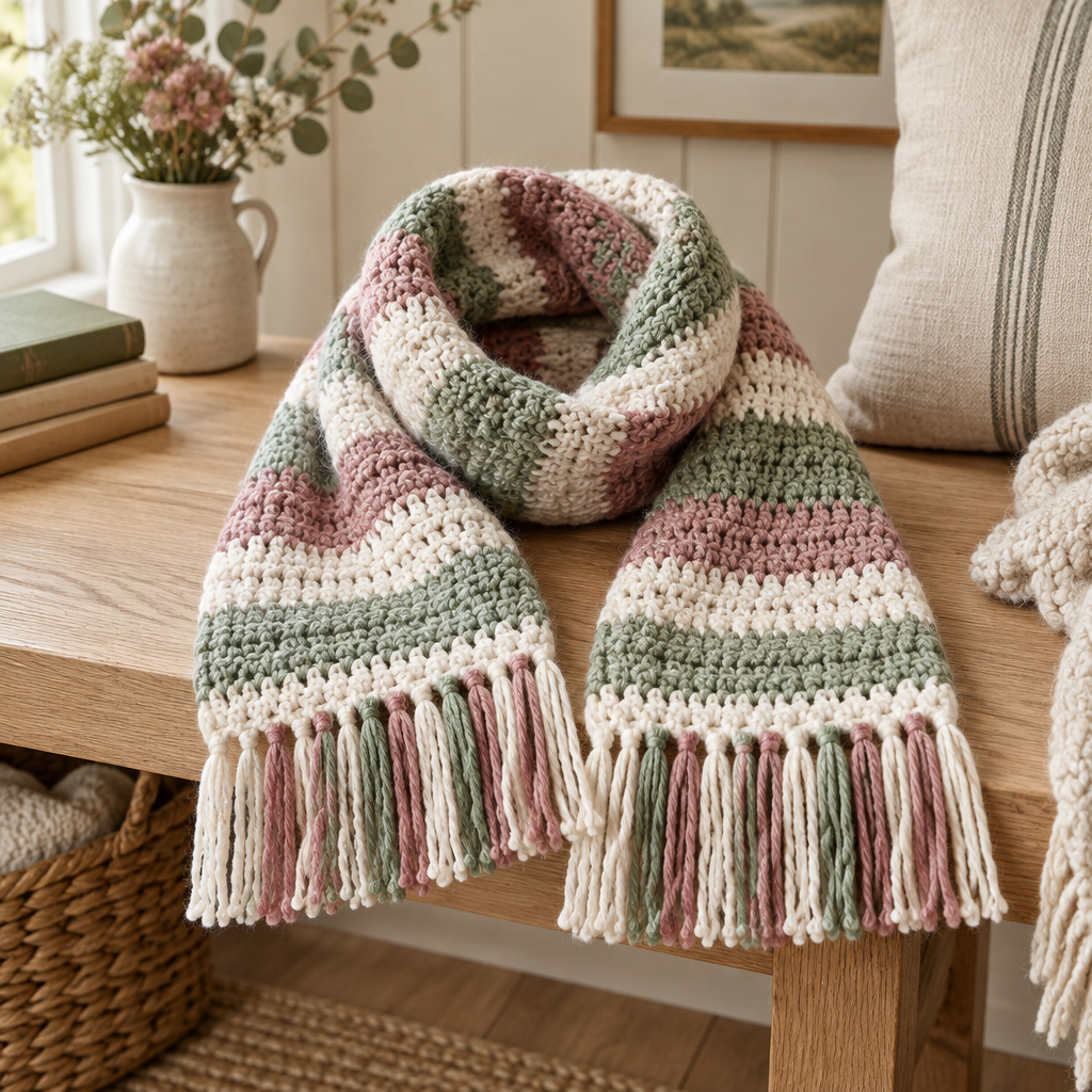 Crochet scarf with cream, sage, and dusty-rose stripes and fringe