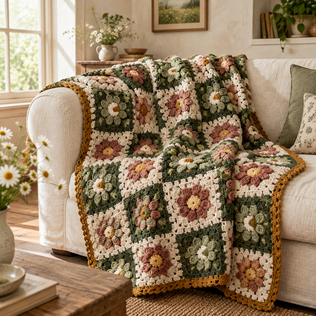 Forest-green, sage, cream, and dusty-rose crochet floral throw on an ivory sofa