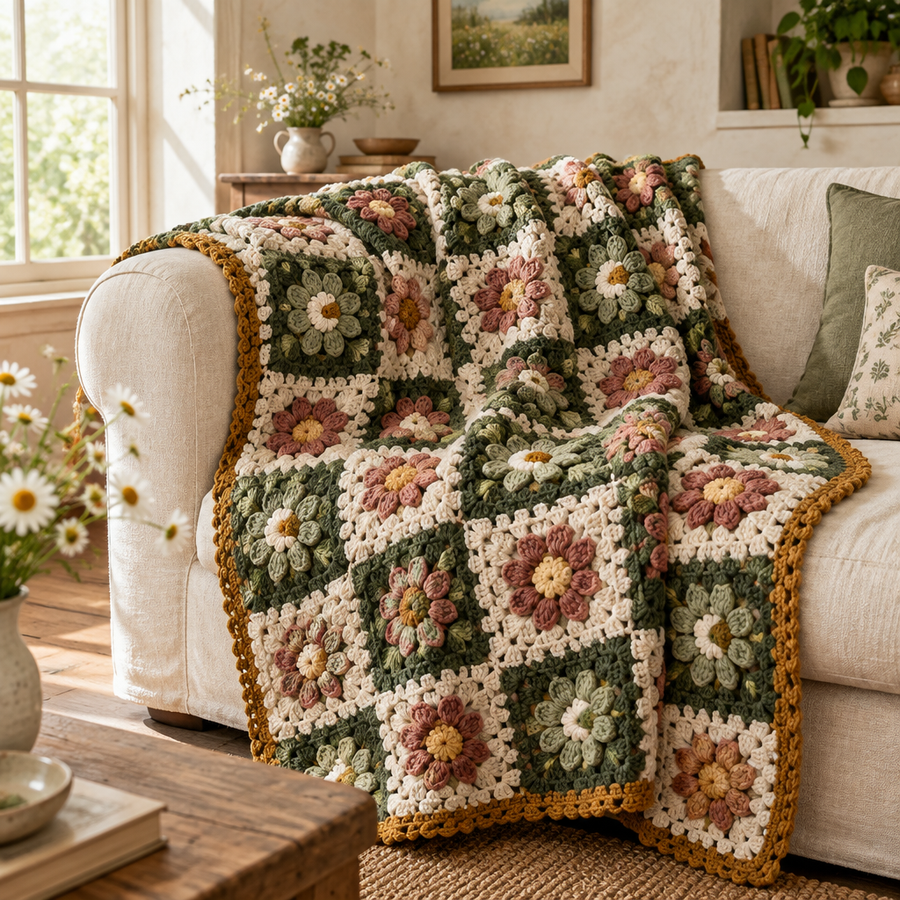 Forest-green, sage, cream, and dusty-rose crochet floral throw on an ivory sofa