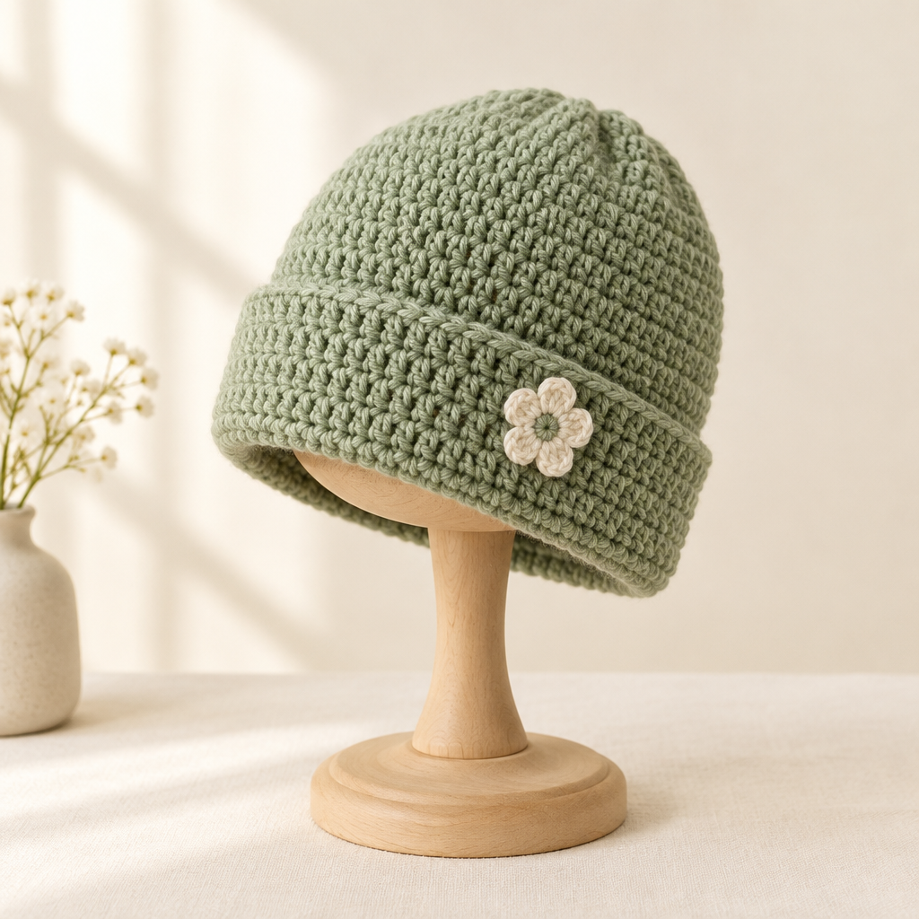 Soft Moss Beanie crochet design shown for the PDF pattern