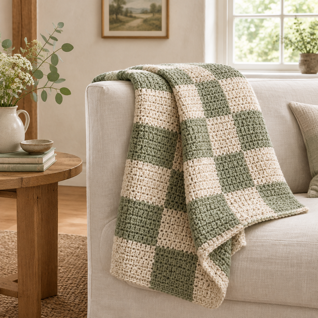 Sage and warm-ivory crochet checkerboard throw draped on an ivory sofa