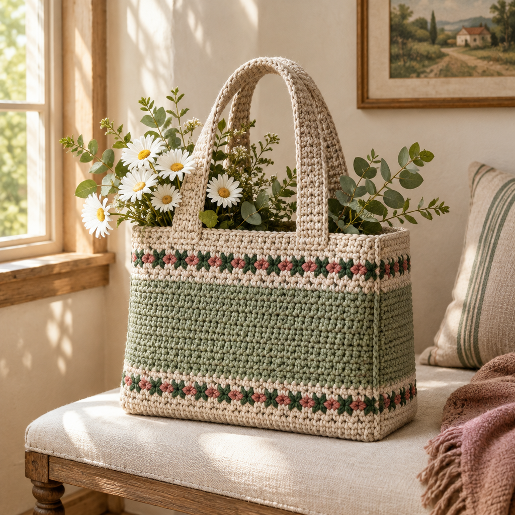 Sage Market Tote crochet design shown for the PDF pattern