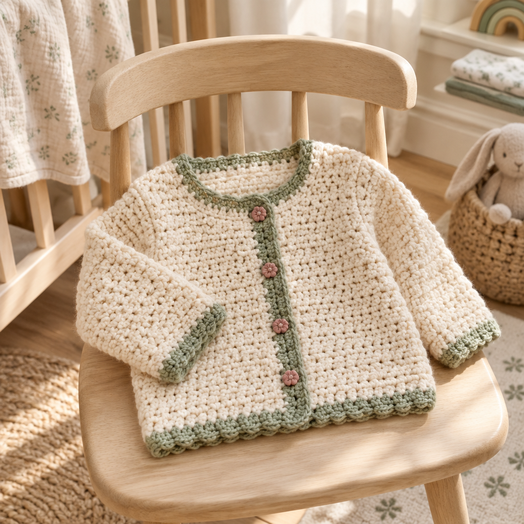 Cream crochet baby cardigan with sage edging and muted rose buttons