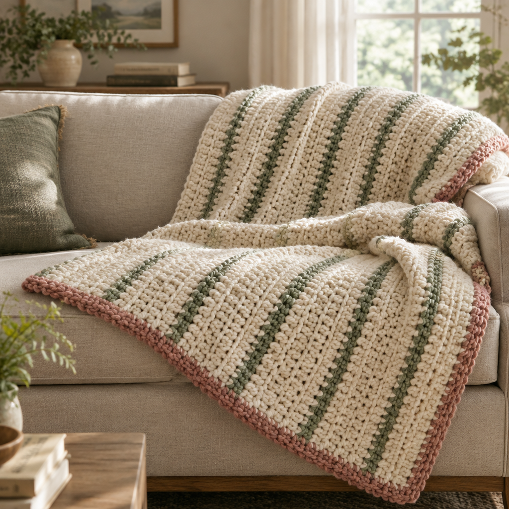 Ivory crochet throw with sage stripes and dusty rose edge