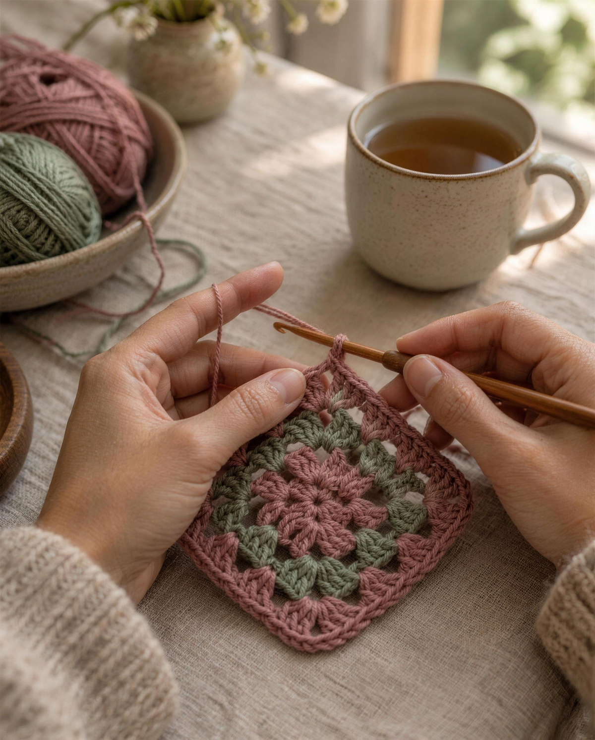 Hands crocheting a rose and sage granny square beside a cup of tea