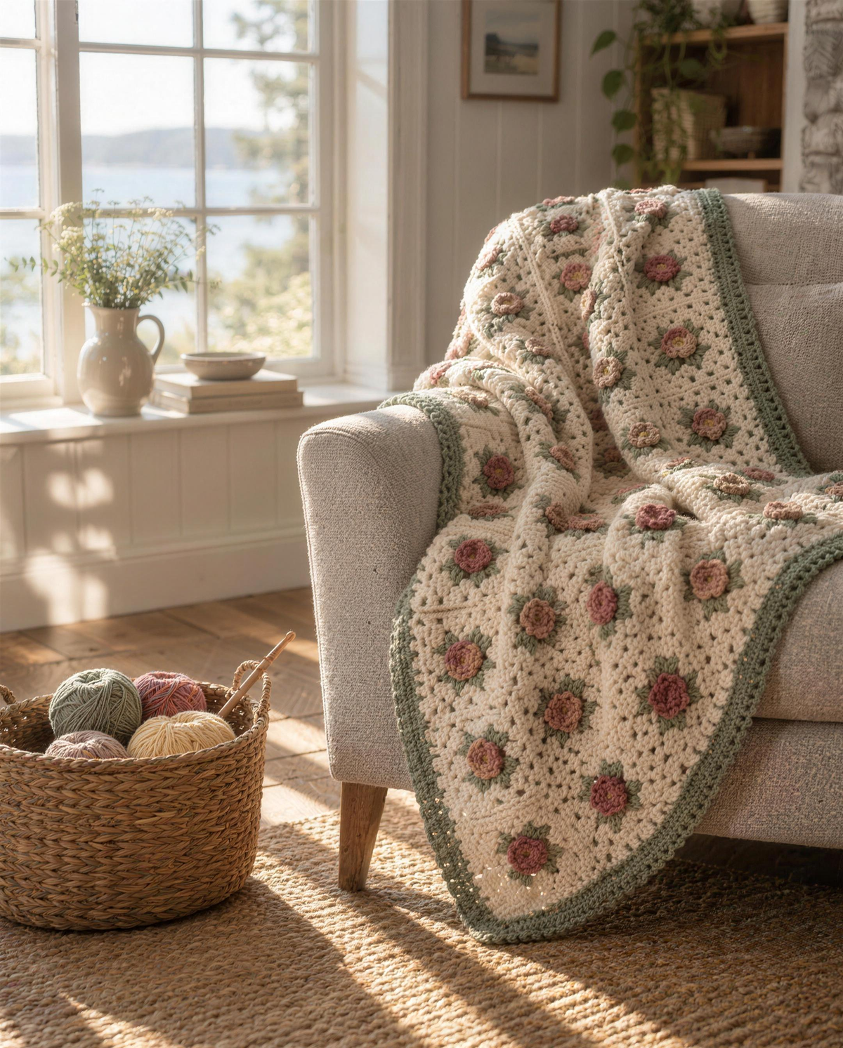 A cream crochet throw with rose motifs draped over a linen armchair in morning light